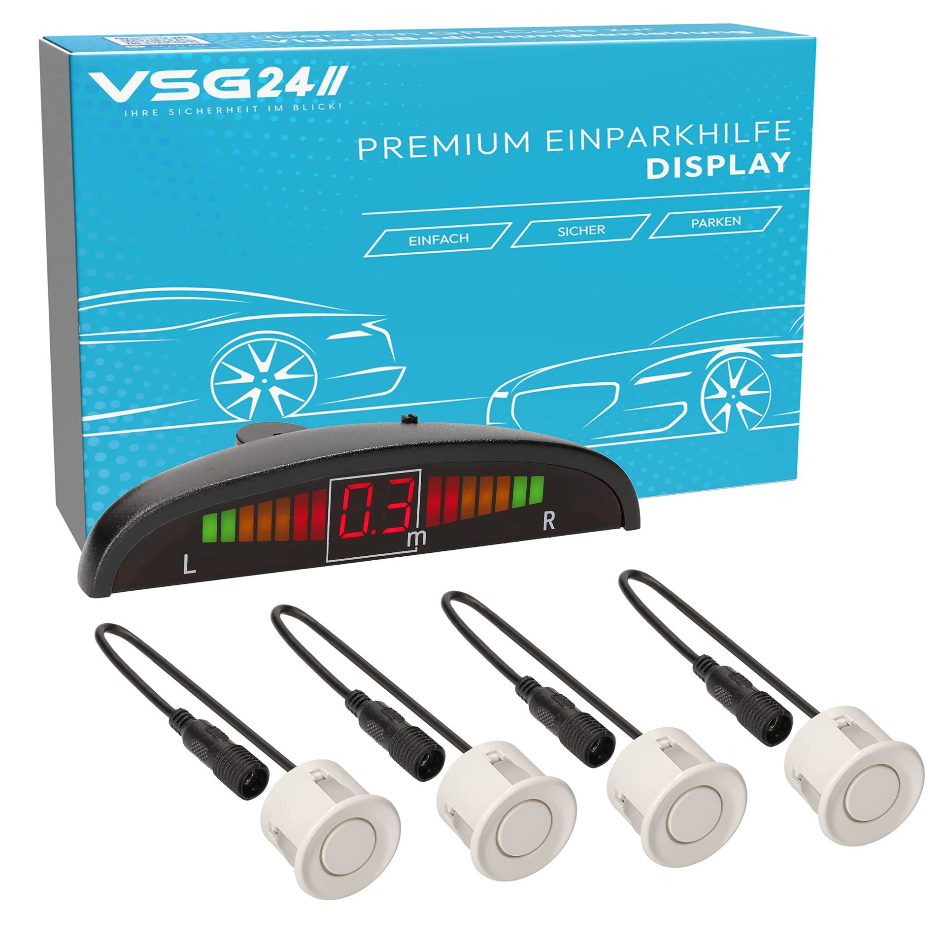 VSG24 Premium Einparkhilfe hinten mit Display zum nachrüsten am Auto, PDC Parksensoren hinten mit Stecksystem für einfachste Montage - 4 Rückfahrwarner Sensoren Parkhilfe Nachrüstsatz Weiß von VSG
