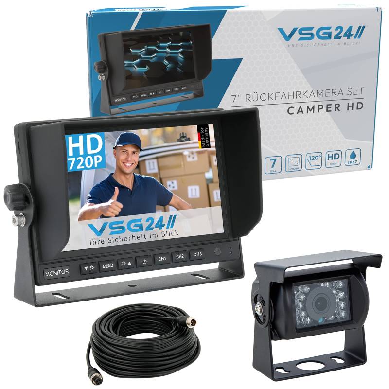 VSG24 Rückfahrkamera 7" HD Starter-Set inkl. Kamera, Monitor, Kabel - Wasserdicht Nachtsicht 12V-24V Einfache Montage/Robustes Rückfahrsystem für Auto Wohnwagen LKW Anhänger Wohnmobile Einparkhilfe von VSG