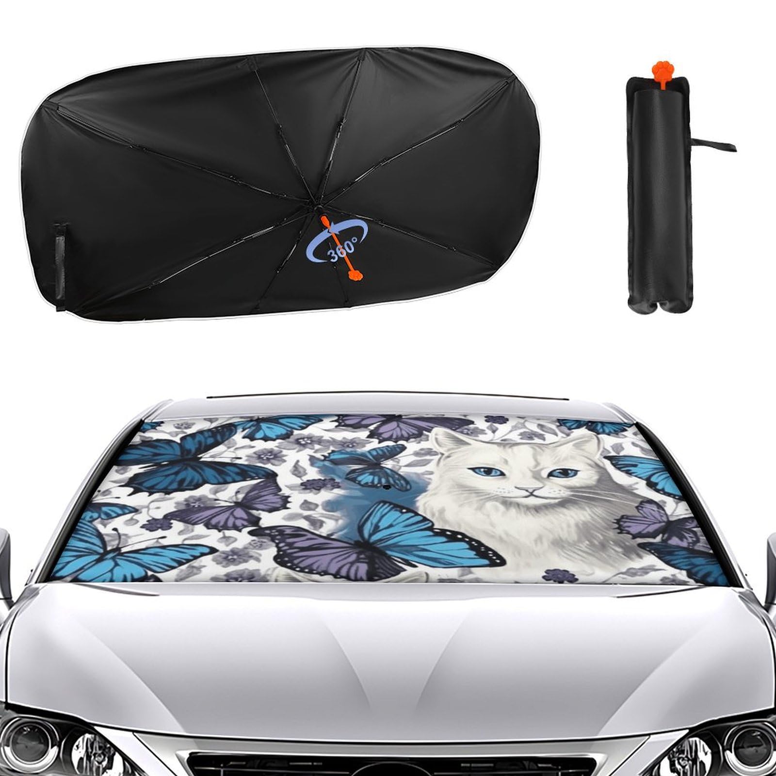 Windschutzscheiben-Sonnenschutz, Auto-Frontscheibe, Sonnenschutz, Regenschirm, blauer Schmetterling und weiße Katze, Sonnenschutz Windschutzscheiben-Sonnenschutz, Auto-Frontscheibe, Sonnenschutz, Regenschirm, blauer Schmetterling und weiße Katze, Sonnenschutz von VTCTOASY