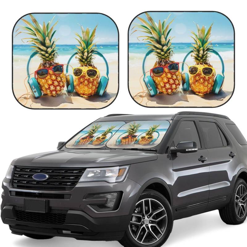 Beach Two Ananas Sea Printed Faltbarer Windschutzscheiben-Sonnenschutz, groß | Schützen Sie Ihren Autoinnenraum und Ihre Privatsphäre, bleiben Sie im Sommer kühl von VVTDESA