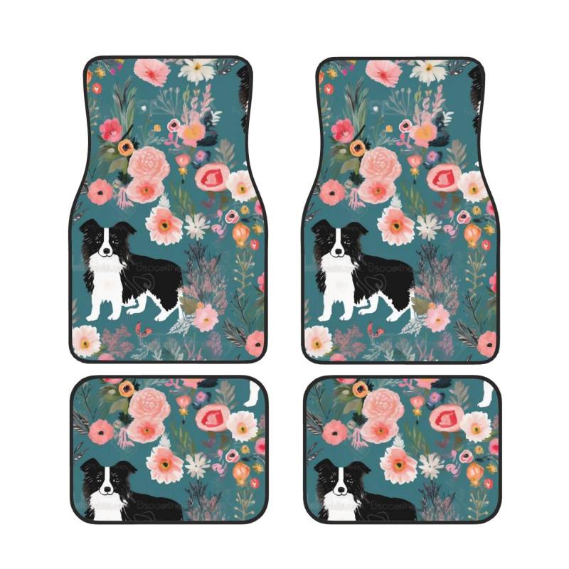 Border Collie Florals Bedruckte Auto Fußmatten Set 4-teilig | Fußmatten Schutz für Autos Komplettsets | Rutschfeste & wasserdichte Automotive Fußmatten von VVTDESA