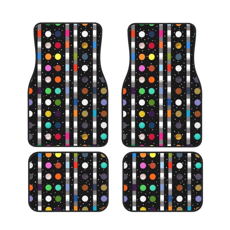 Glitzer Regenbogen Polka Dot Streifen Schwarz und Weiß 4 Gedruckt Auto Fußmatten Set von 4 Stück | Fußmatten Schutz für Autos Komplette Sets | rutschfeste & wasserdichte Automobil-Fußmatten von VVTDESA