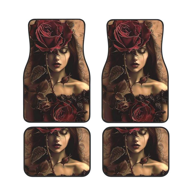 Gothic Rose Girl Gedruckt Auto Fußmatten Set 4 Stück | Fußmatten Schutz für Autos Komplette Sets | Rutschfeste & wasserdichte Automotive Fußmatten von VVTDESA