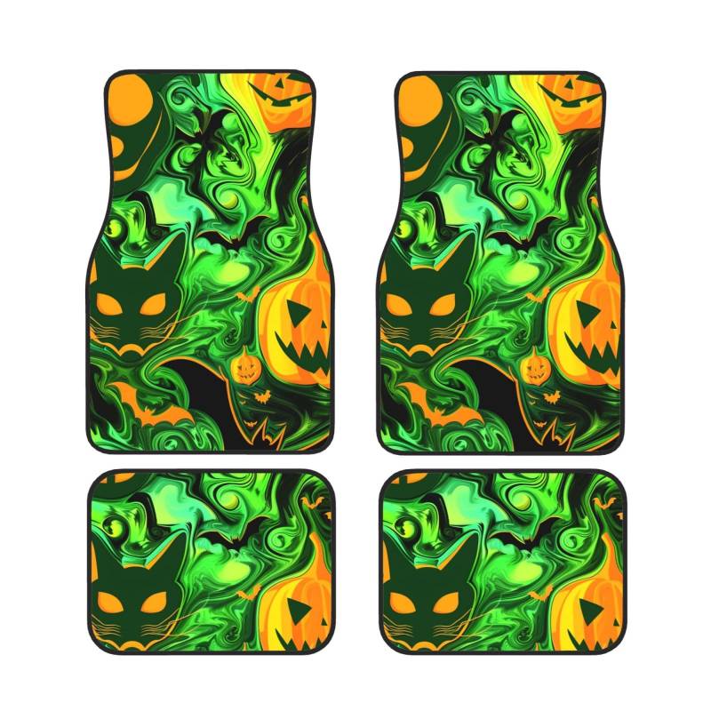 Green Ghost Horror Halloween Kürbis Bedruckte Auto Fußmatten Set 4 Stück | Fußmatten Schutz für Autos Komplette Sets | Rutschfeste & wasserdichte Automotive Fußmatten von VVTDESA
