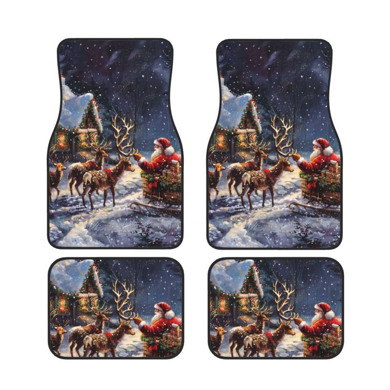 Snow Night Weihnachtsmann und Hirsch Gedruckt Auto Fußmatten Set 4 Stück | Fußmatten Schutz für Autos Komplette Sets | Rutschfeste & wasserdichte Automotive Fußmatten von VVTDESA