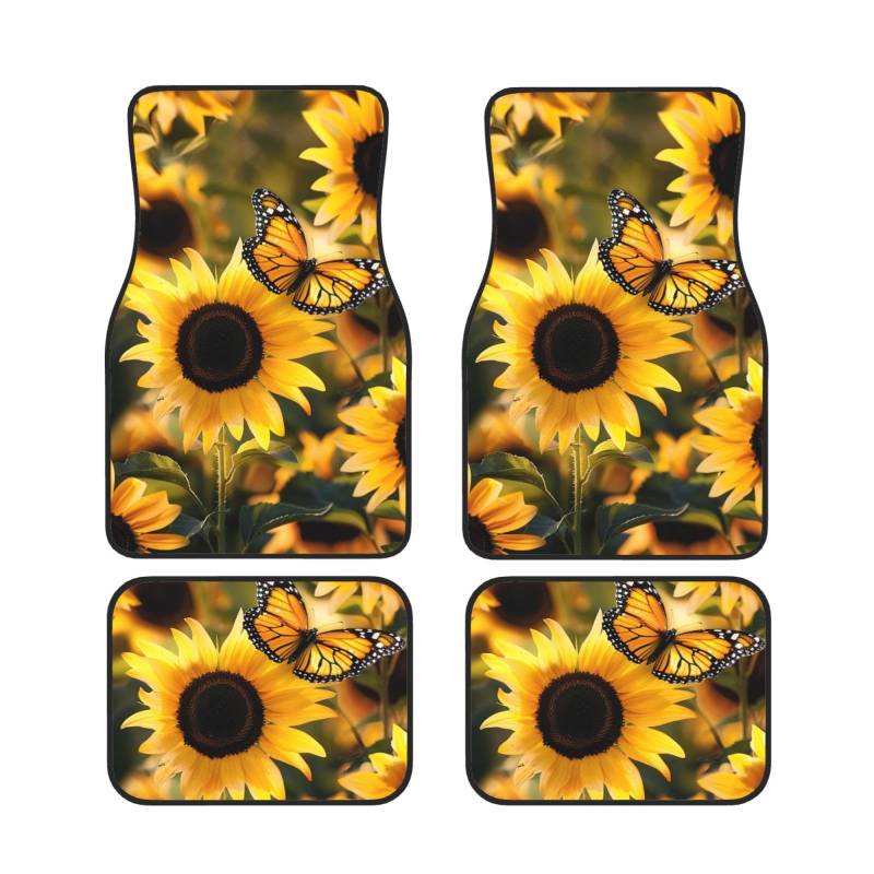 Sonnenblume Blühende Blumen Pflanzen Schmetterling Gedruckt Auto Fußmatten Set 4 Stück | Fußmatten Schutz für Autos Komplette Sets | Rutschfeste & wasserdichte Automobil-Fußmatten von VVTDESA