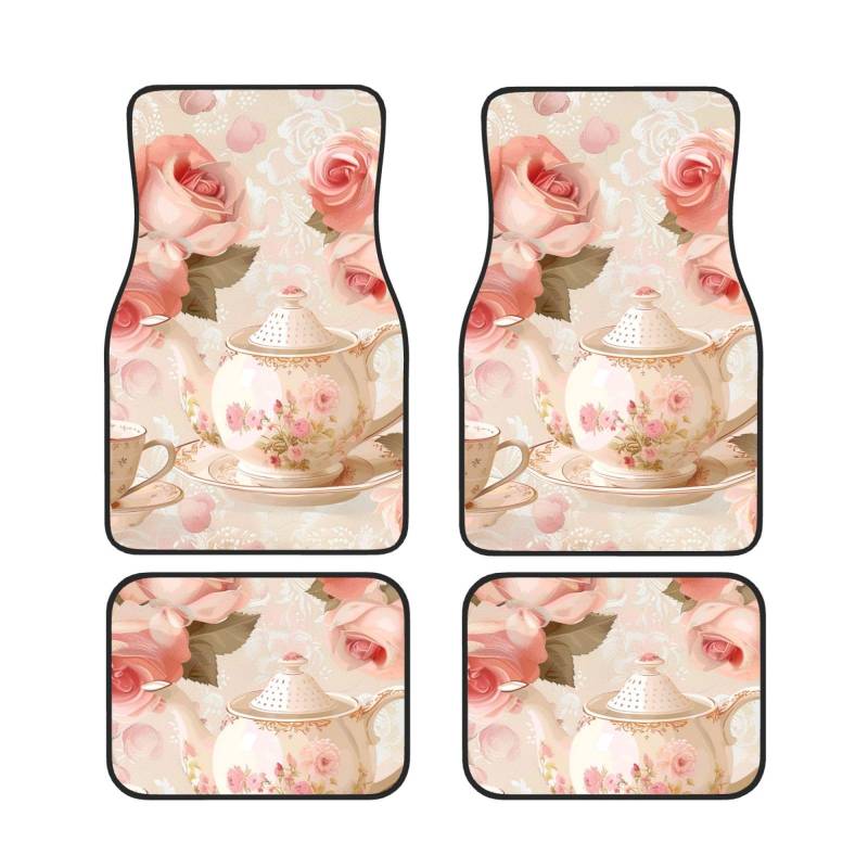 Teetassen mit Rosen Romantisch Shabby Gedruckt Auto Fußmatten Set 4 Stück | Fußmatten Schutz für Autos Komplette Sets | Rutschfeste & wasserdichte Automotive Fußmatten von VVTDESA