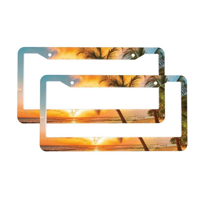 Tropical Beach Palme Sonnenuntergang Druck Kennzeichenrahmen 2 Stück Aluminium Universal Rundloch Auto Kennzeichenabdeckungen Aluminium Kennzeichenhalter mit Befestigungselementen und Schrauben von VVTDESA