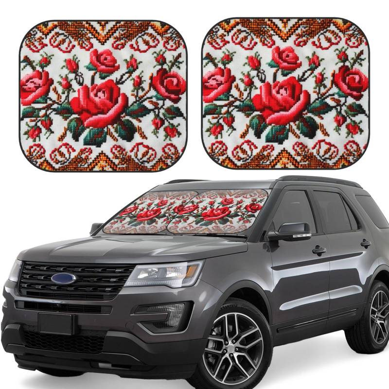 Ukrainischer Stickerei-Stil Rose Gedruckt Faltbarer Windschutzscheiben-Sonnenschutz, Größe M | Schützen Sie Ihr Auto Innenraum und Privatsphäre, bleiben Sie kühl im Sommer von VVTDESA