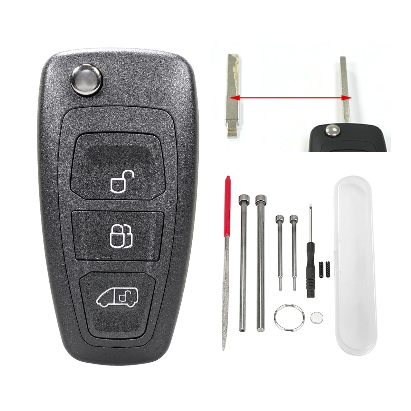 3 Tasten Flip Autoschlüssel Shell mit Stahl Pin Removal Tools Nadelfeile für Ford Transit Custom Connect Van (B) von Vailikey