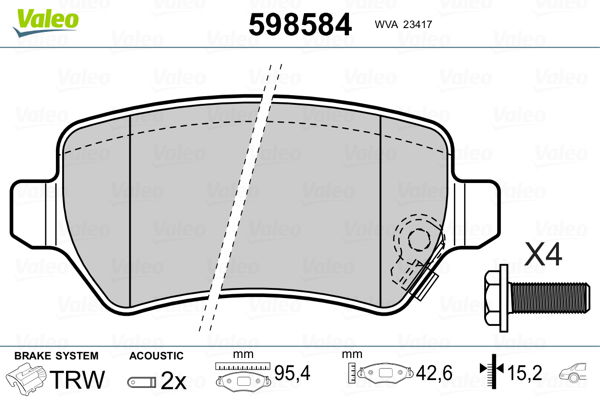 Bremsbelagsatz, Scheibenbremse Hinterachse Valeo 598584 von Valeo