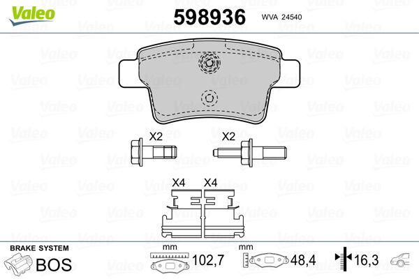 Bremsbelagsatz, Scheibenbremse Hinterachse Valeo 598936 von Valeo
