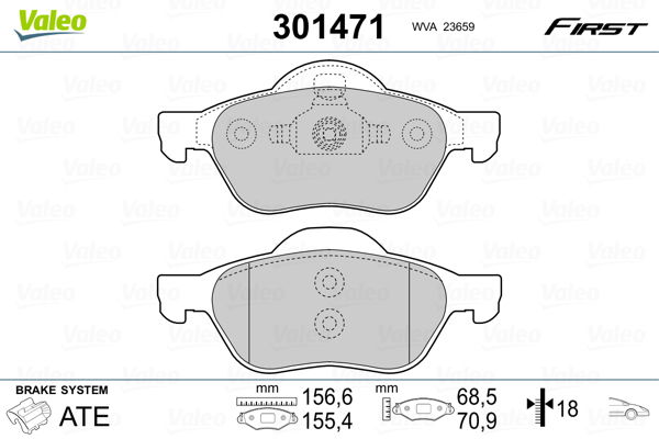 Bremsbelagsatz, Scheibenbremse Vorderachse Valeo 301471 von Valeo