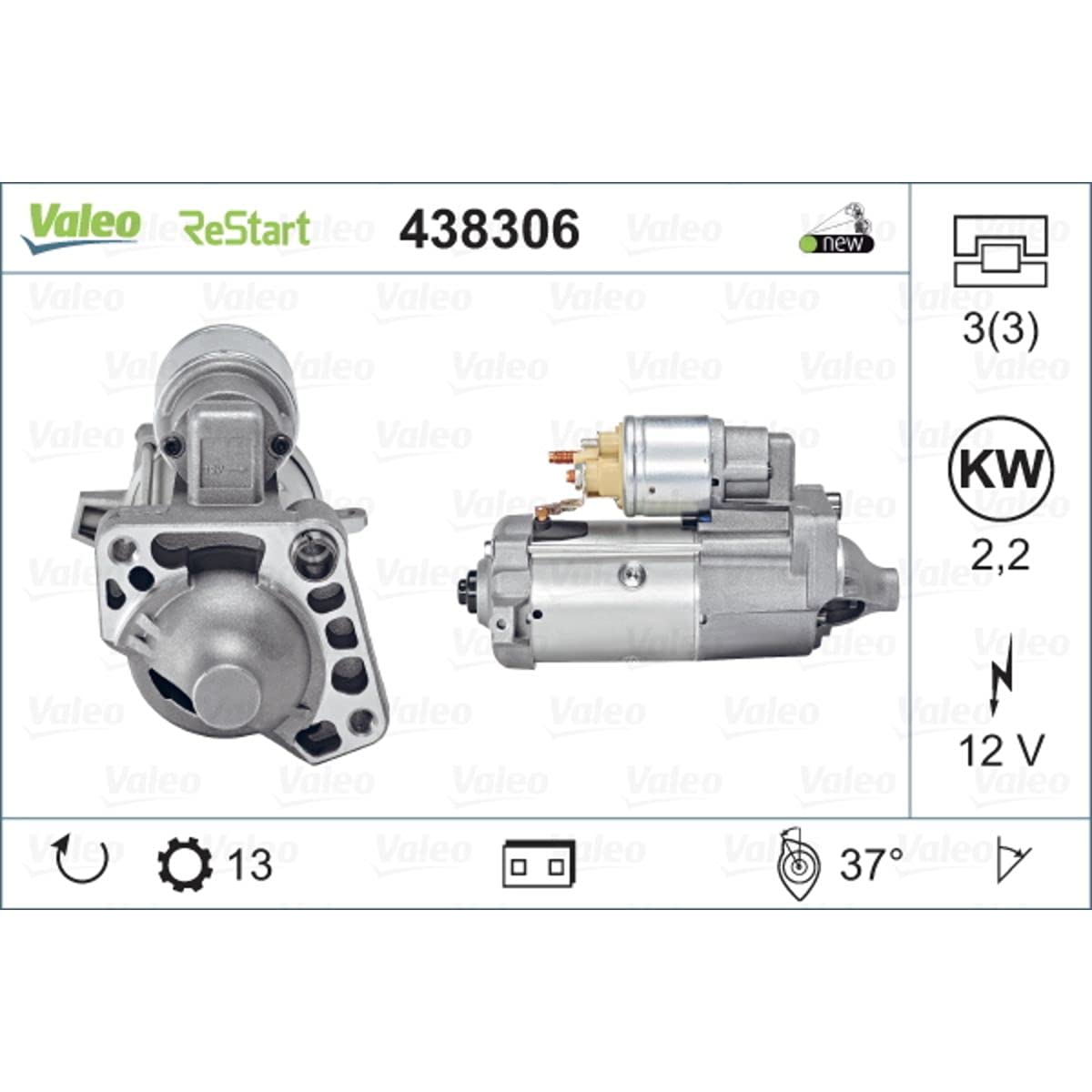 VALEO 438306 Starter Nennleistung: 2,2 kW Stop & Start: YES Zähnezahl: 13 zähne Spannung: 12 V Drehrichtung: CLOCKWISE VALEO 438306 Starter Nennleistung: 2,2 kW Stop & Start: YES Zähnezahl: 13 zähne Spannung: 12 V Drehrichtung: CLOCKWISE von Valeo