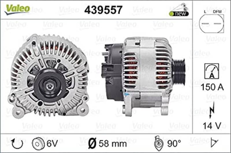 VALEO 439557 Generator Ladestrom des Generators: 150 Amp Rippen: 6 rippen Riemenscheibe Ø: 58 mm Spannung: 14 V Drehrichtung: CLOCKWISE von Valeo