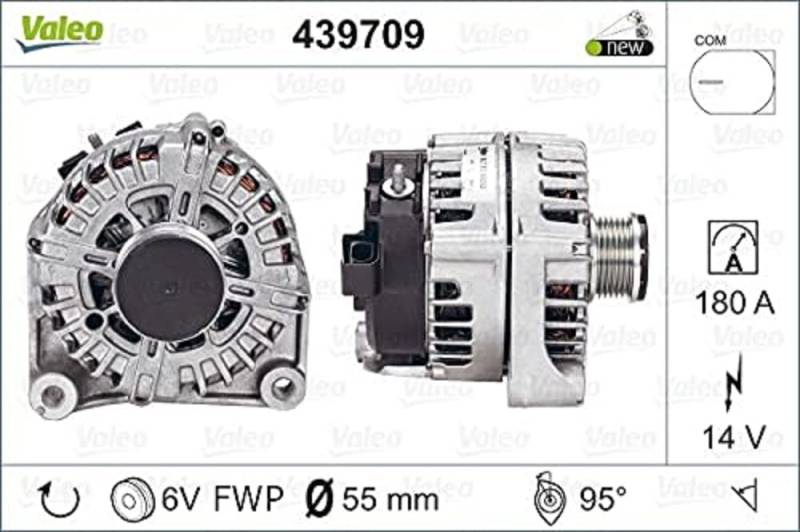 VALEO 439709 Generator Ladestrom des Generators: 180 Amp Rippen: 6 rippen Riemenscheibe Ø: 55 mm Spannung: 14 V Drehrichtung: CLOCKWISE von VALEO