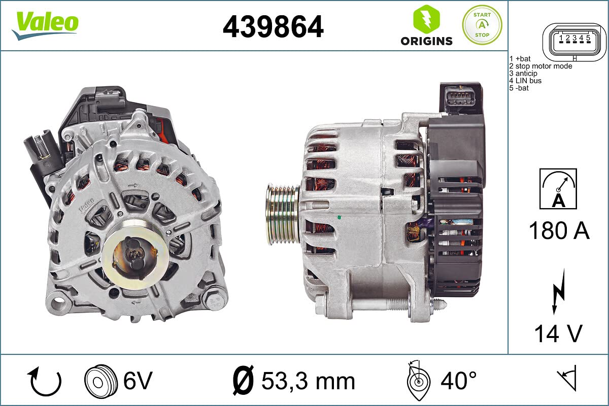 VALEO 439864 Generator Ladestrom des Generators: 210 Amp Rippen: 6 rippen Riemenscheibe Ø: 53,3 mm Spannung: 14 V Drehrichtung: CLOCKWISE VALEO 439864 Generator Ladestrom des Generators: 210 Amp Rippen: 6 rippen Riemenscheibe Ø: 53,3 mm Spannung: 14 V Drehrichtung: CLOCKWISE von Valeo