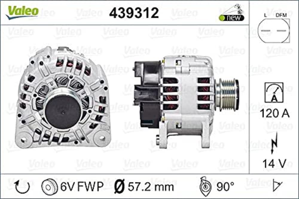 VALEO 439312 Generator Ladestrom des Generators: 120 Amp Rippen: 6 rippen Riemenscheibe Ø: 57,2 mm Spannung: 14 V Drehrichtung: CLOCKWISE von VALEO