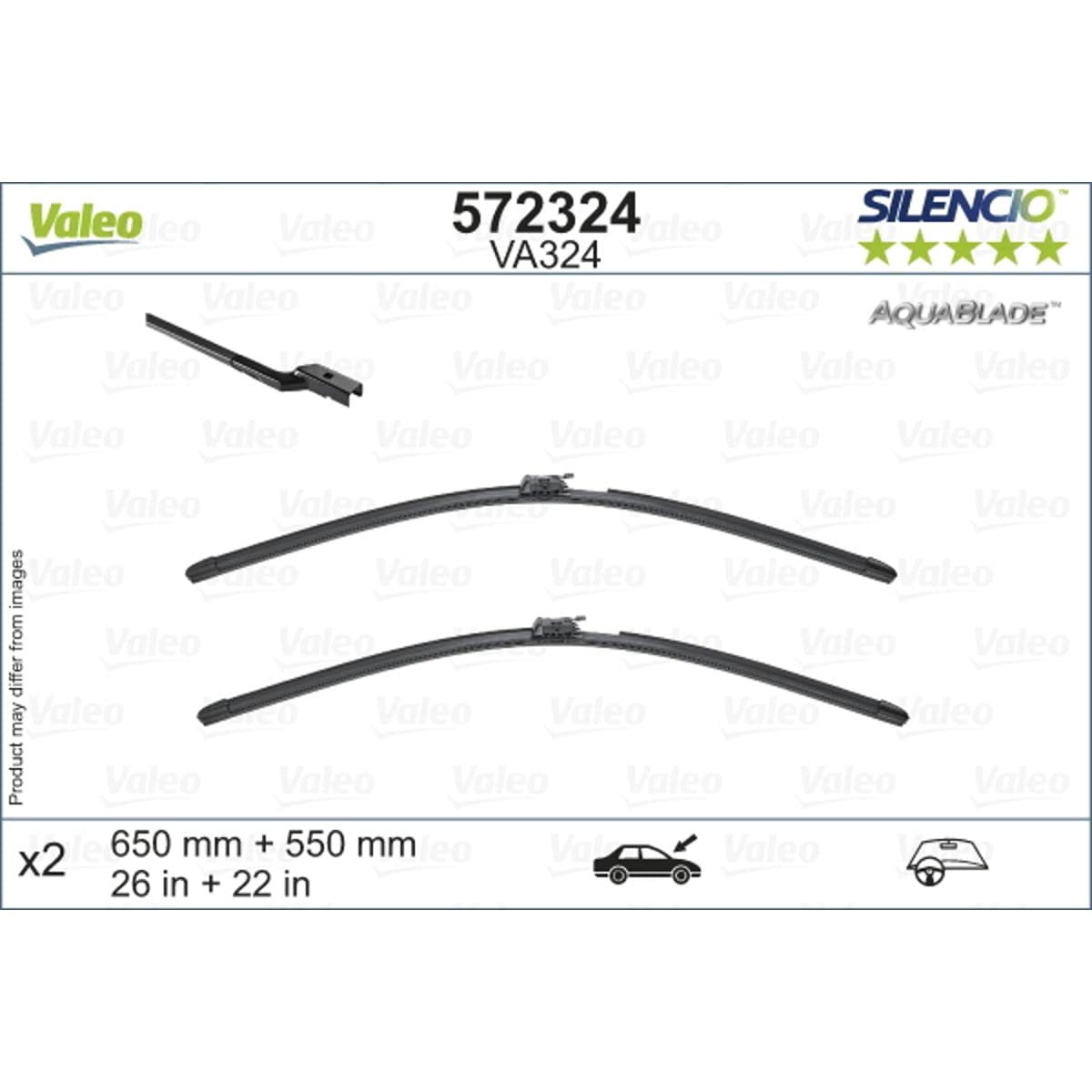 Valeo Silencio VA324 Wischerblatt 572324 Vorderansicht: 650mm / 550mm Menge 2 Einheiten (für linke Fahrzeuge) von Valeo