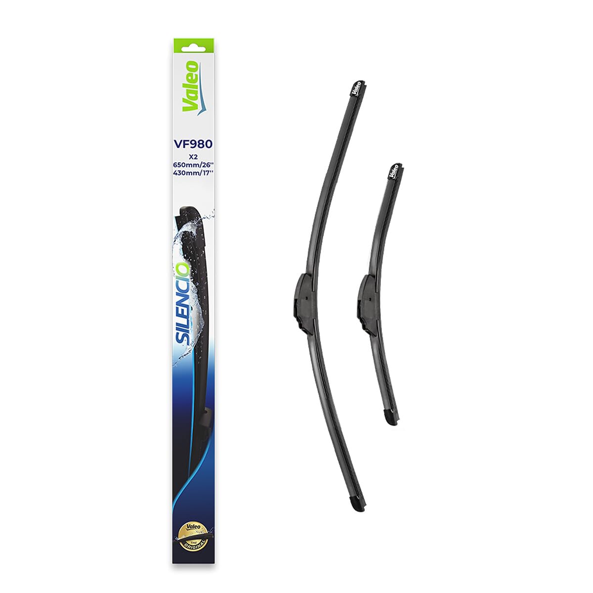 VALEO Silencio Wischer - VF980 - Leistungsstarke, hervorragende Sicht auf der Straße, einfache Montage - originale Flachblätter 650mm/430mm - Vorne - Set mit 2 Wischerblättern - 577980 von VALEO