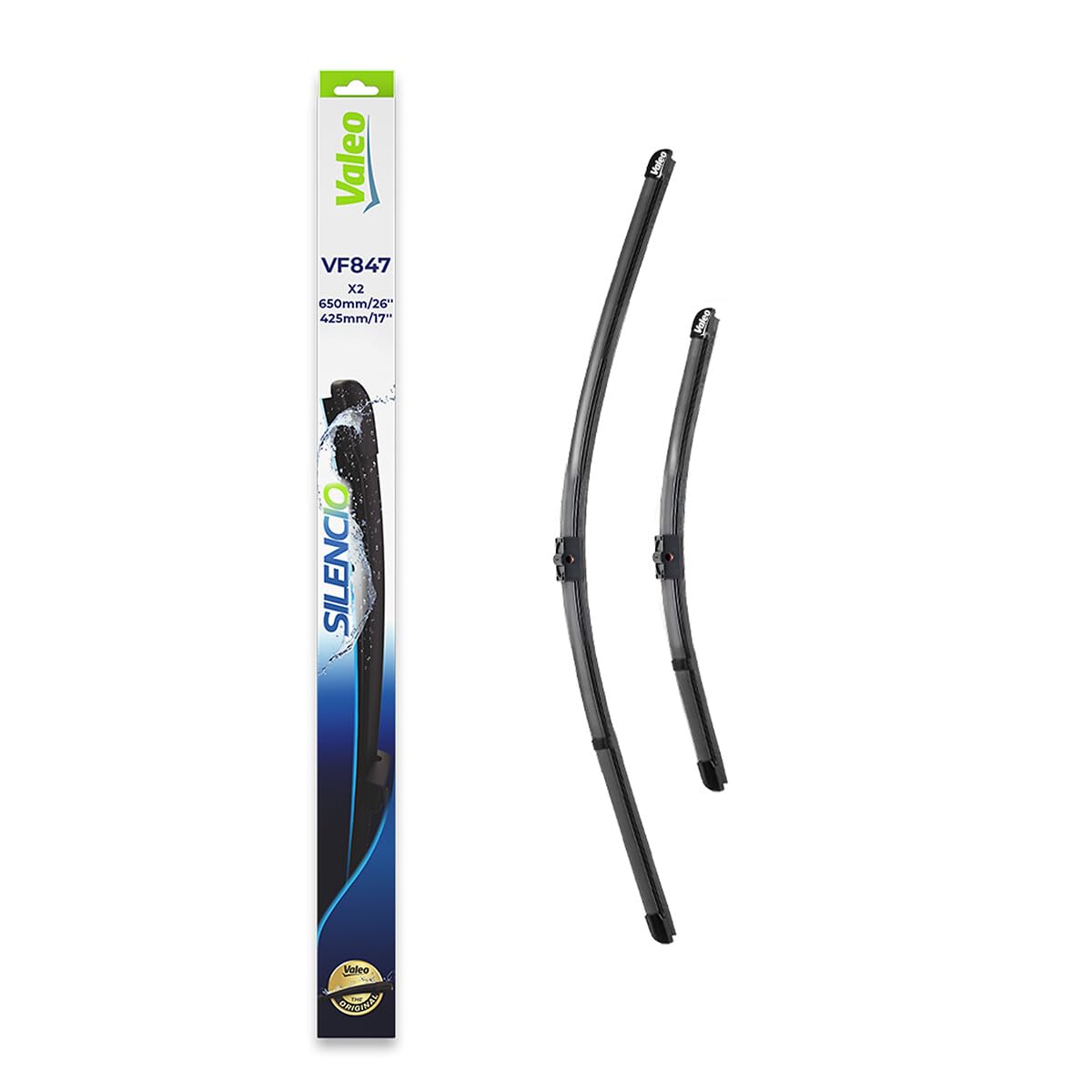 VALEO Silencio Wischer - VF847 - Leistungsstarke, hervorragende Sicht auf der Straße, einfache Montage - originale Flachblätter 650mm/425mm - Vorne - Set mit 2 Wischerblättern - 577847 von VALEO