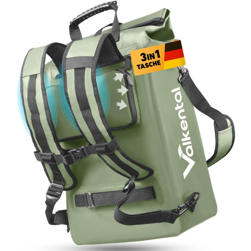 Valkental® 3in1 Fahrradtasche [Bis 25L] - Das Original - Geeignet als Gepäckträgertasche, Rucksack und Umhängetasche - 100% Wasserdicht & Reflektierend - Sichere Befestigung [Abschließbar] Laptopfach von Valkental