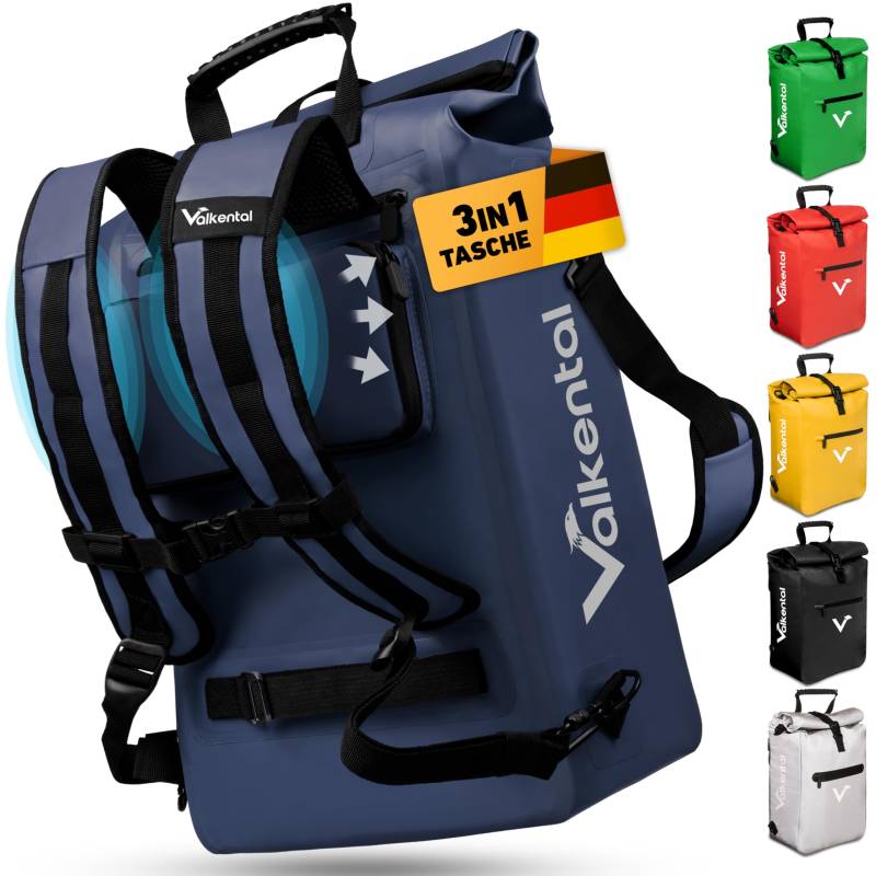 Valkental® 3in1 Fahrradtasche [Bis 25L] - Das Original - Geeignet als Gepäckträgertasche, Rucksack und Umhängetasche - 100% Wasserdicht & Reflektierend - Sichere Befestigung [Abschließbar] Laptopfach von Valkental
