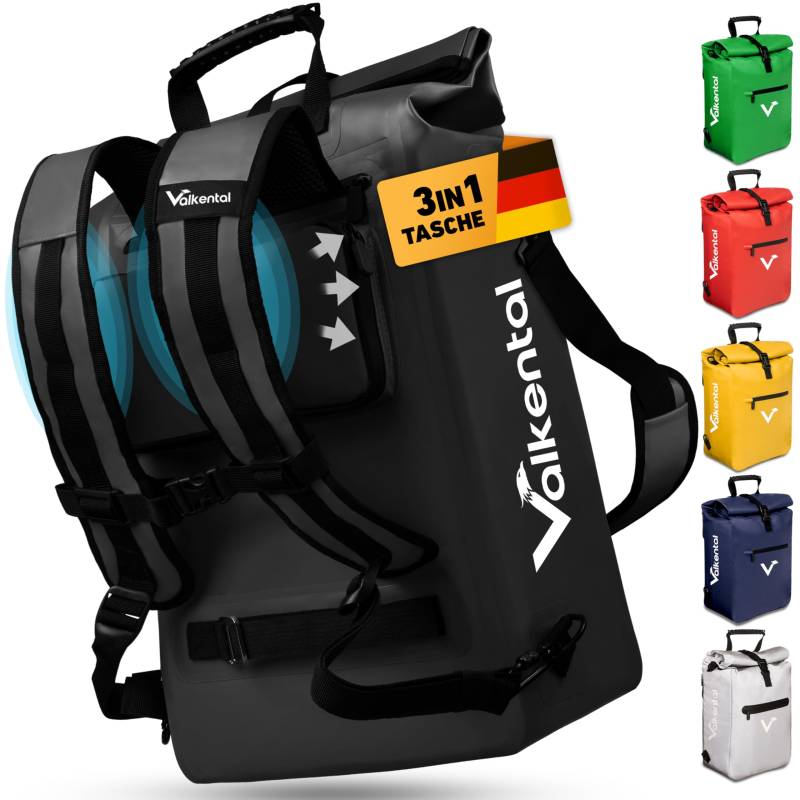 Valkental® 3in1 Fahrradtasche [Bis 25L] - Das Original - Geeignet als Gepäckträgertasche, Rucksack und Umhängetasche - 100% Wasserdicht & Reflektierend - Sichere Befestigung [Abschließbar] Laptopfach von Valkental