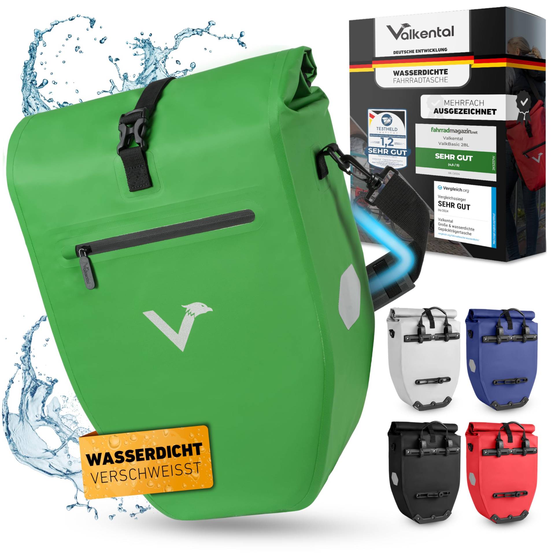 Valkental® Große & wasserdichte Gepäckträgertasche - Fahrradtasche für Gepäckträger mit großen Reflektoren [Abschließbar] Bombenfester Sitz - Mehrfach ausgezeichnet - Gefertigt für Langlebigkeit von Valkental
