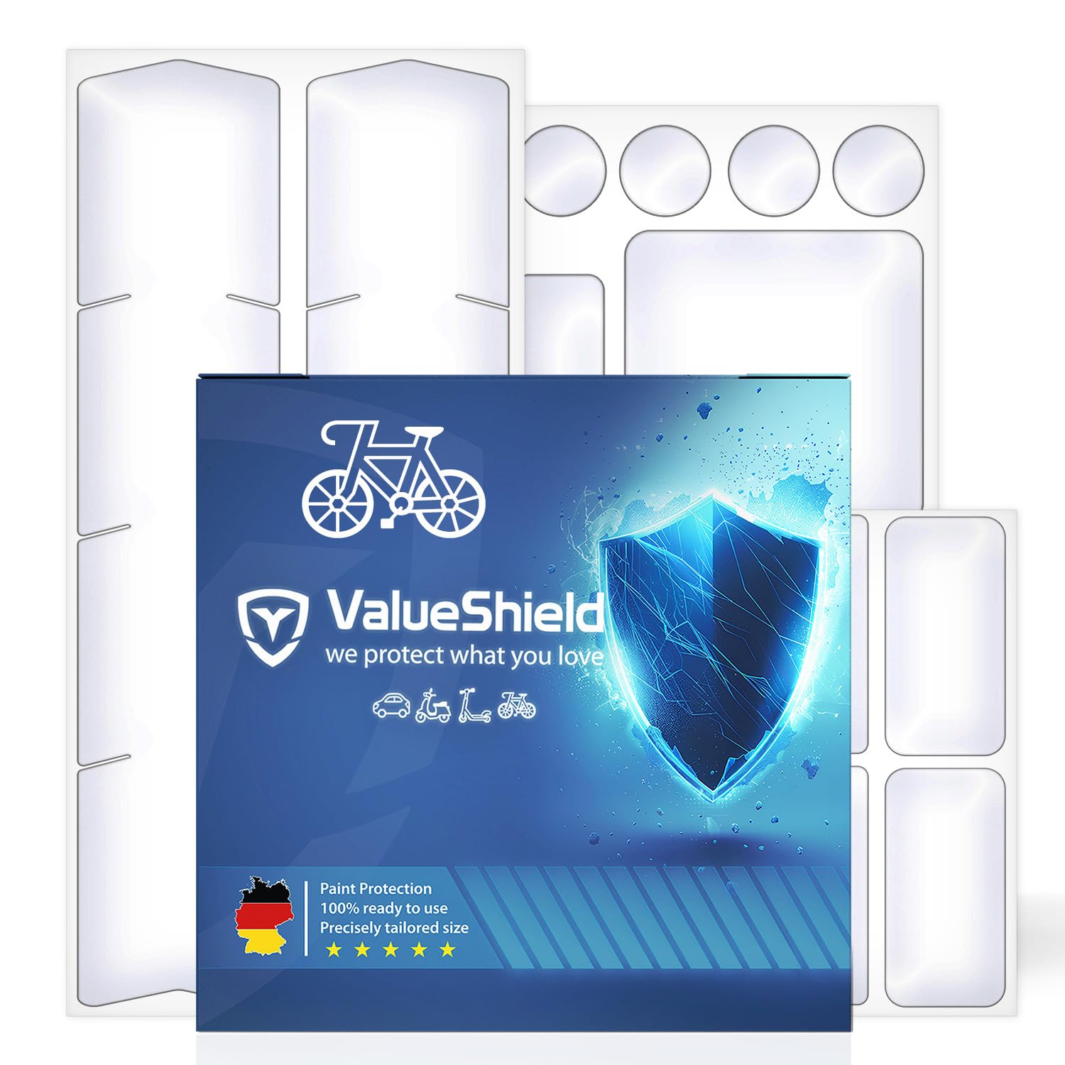 Fahrrad Lackschutzfolie – 24-teiliges Set für Mountainbike, MTB, Lastenrad, Cargorad & E-Bike – Kratzschutz selbstklebend für Rahmen, Gabel, Strebe, gegen Steinschlag & Kratzer [Transparent-Hochglanz] von ValueShield