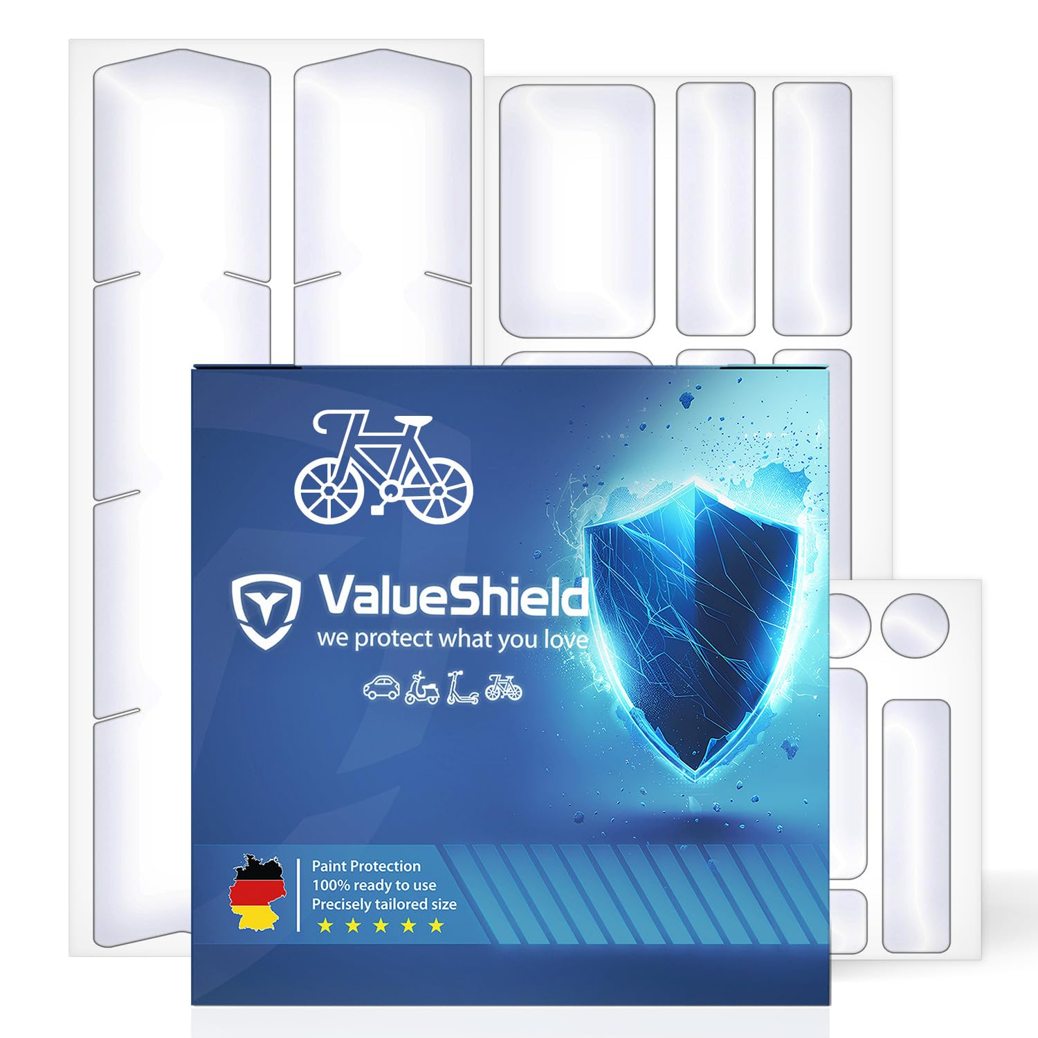 Fahrrad Lackschutzfolie – 24-teiliges Set für Trekkingrad, Rennrad, Damen- & Herrenrad – Kratzschutz selbstklebend für Rahmen, Gabel, Strebe, gegen Steinschlag & Kratzer [Transparent-Matt] von ValueShield