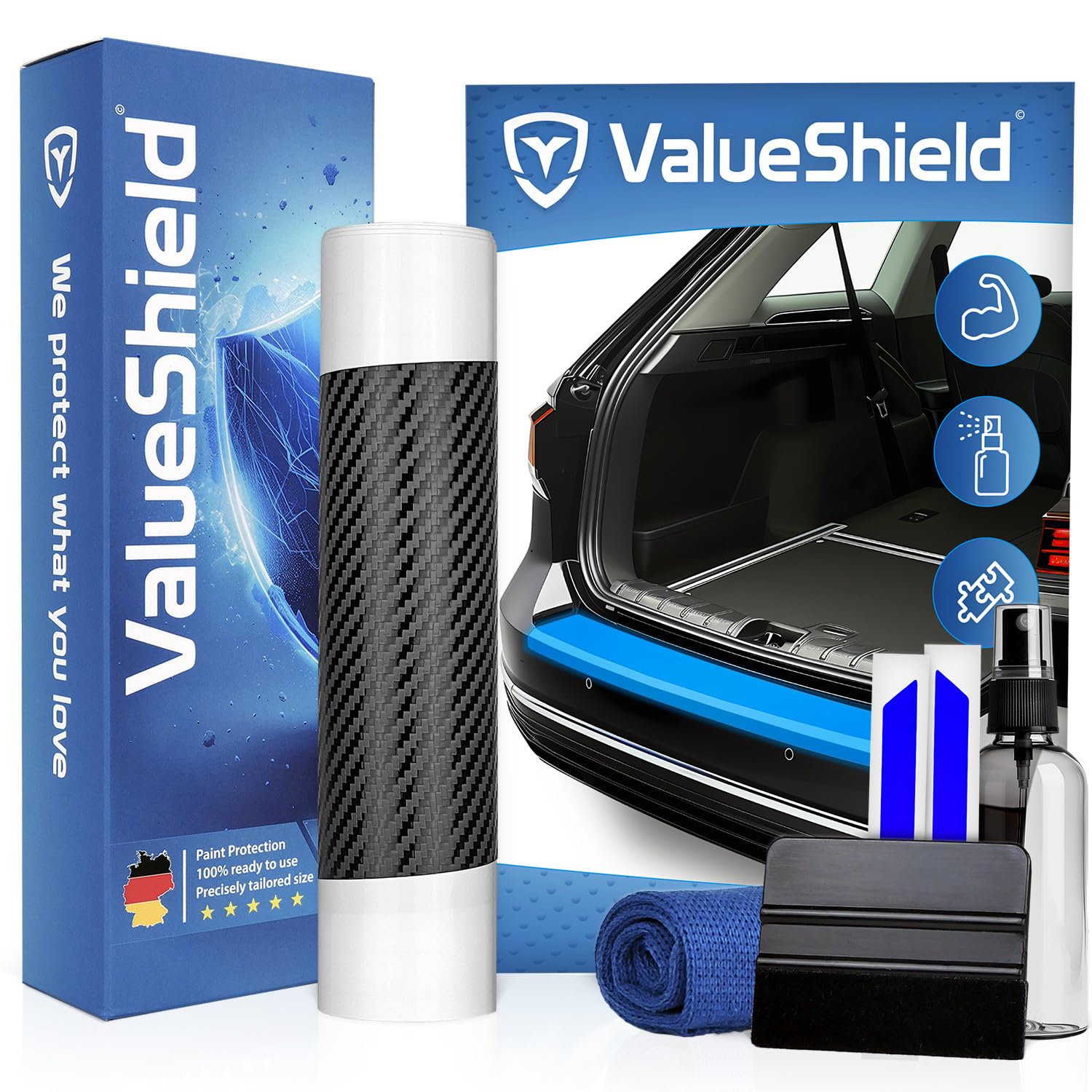 ValueShield Ladekantenschutz passend für Skoda Fabia 3 (NJ) 2014-2022 (5-Türer, Kompakt): Hochleistungsfolie, Lackschutzfolie & Kratzschutz für Kofferraum, Stoßstange, Schweller | Carbon+Blau von ValueShield