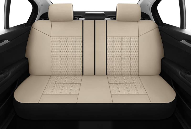 VarCozy Kunstleder Autositzbezüge Hinten Set, Split Rückbank Sitzbezüge für Auto, Universal Sitzbezüge für SUV, Limousine, Van, Automotive Interior Covers Airbag Kompatible, Beige von VarCozy