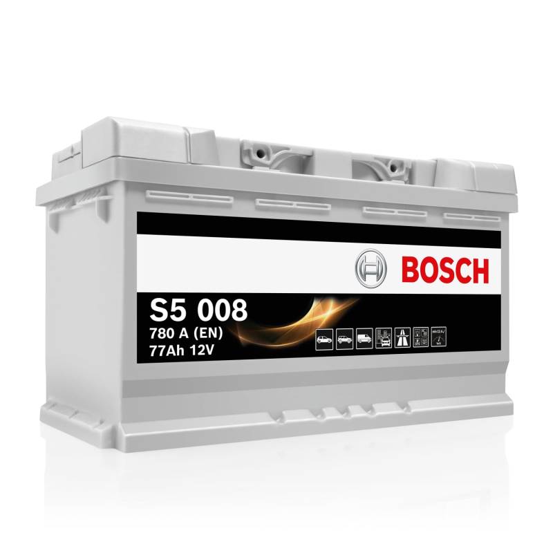 Bosch S5 008 Autobatterie 77 Ah - 780 A - 12 V, Blei-Säure-Batterie für Fahrzeuge ohne Start-Stopp-Automatik - Polarität: links - rechts +, 278 x 175 x 190 mm - für Kfz mit hohem Strombedarf von Bosch Automotive
