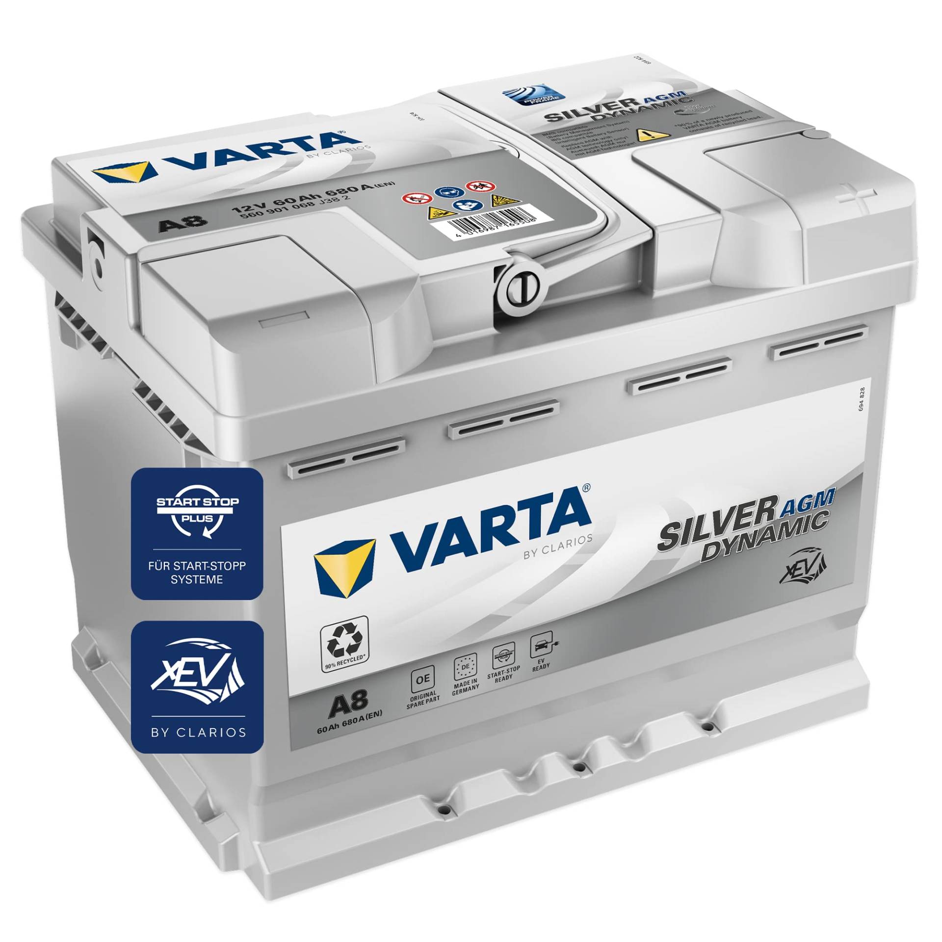 VARTA Silver Dynamic AGM Batterie A8 – Start-Stop und xEV Autobatterie 12V 60Ah 680A – Starterbatterie für Autos mit hohem Energiebedarf von VARTA
