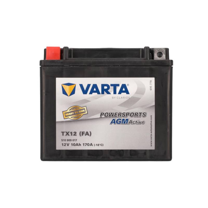 VARTA Motorradbatterie 10 Ah / 170 A Powersports Active AGM - Lange Lebensdauer, vorgeladen, wartungsfrei, geeignet für Motorräder, Motorroller, Quads, Jetskis und Schneemobile, schwarz von Varta