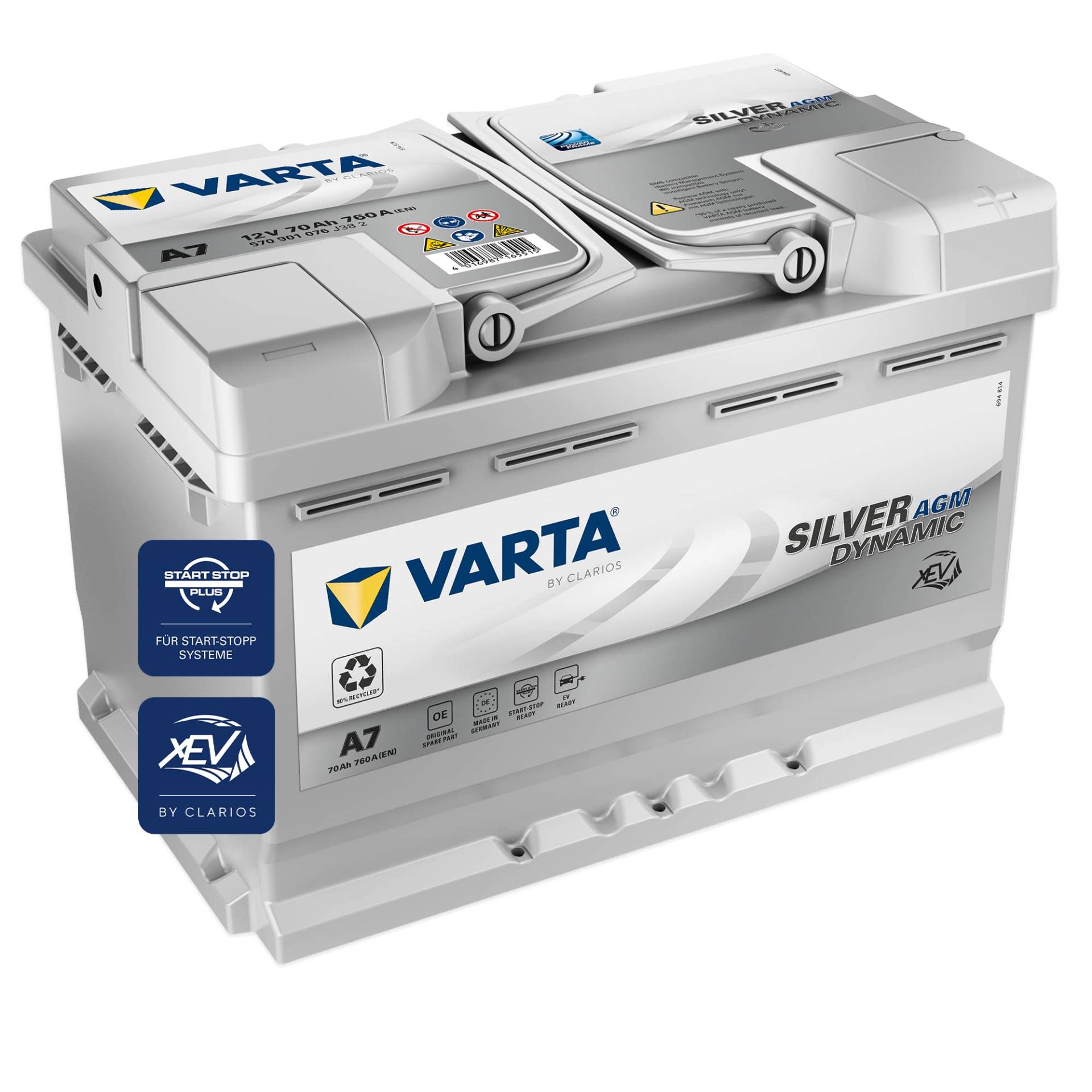 VARTA Silver Dynamic AGM Batterie A7 (E39) – Start-Stop und xEV Autobatterie 12V 70Ah 760A – Starterbatterie für Autos mit hohem Energiebedarf von Varta