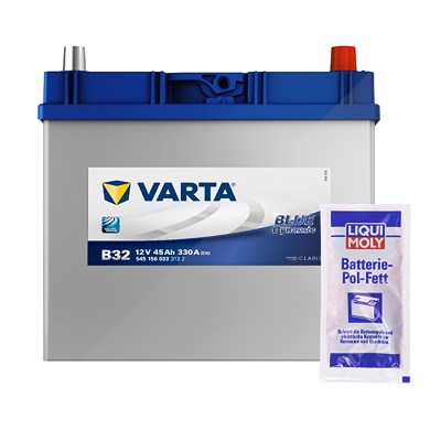 Varta Starterbatterie Blue Dynamic 45Ah 330A B32 + 10g Pol-Fett [Hersteller-Nr. 5451560333132] für Daihatsu, Honda, Hyundai, Kia, Mazda, Mitsubishi, N von Varta