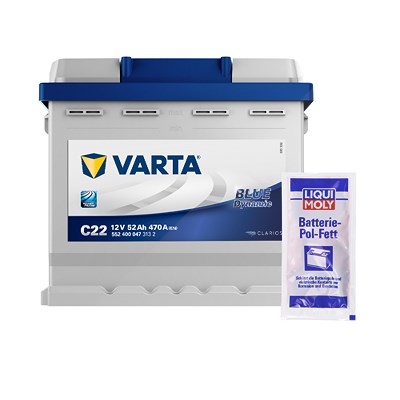 Varta Starterbatterie Blue 52Ah 470 A C22 + Pol-Fett 10g [Hersteller-Nr. 5524000473132] für Abarth, Alfa Romeo, Audi, Autobianchi, Barkas, Bentley, BM von Varta