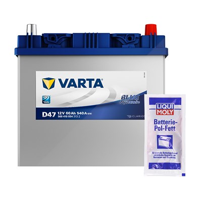 Varta Starterbatterie Blue 60Ah 540 A D47 + Pol-Fett 10g [Hersteller-Nr. 5604100543132] für Asia Motors, Brilliance, Chevrolet, Citroën, Ford, Honda, von Varta