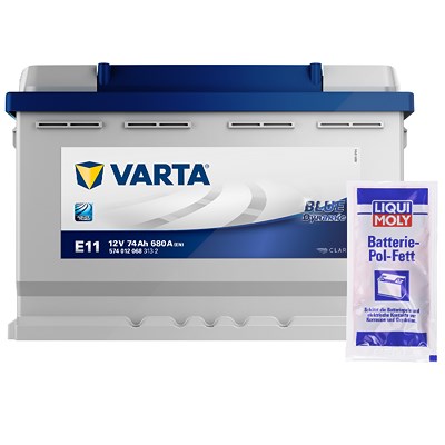 Varta Starterbatterie Blue 74Ah 680 A E11 + Pol-Fett 10g für Alfa Romeo, Alpina, Aston Martin, Audi, Bentley, Bitter, BMW, Cadillac, Chevrolet, Chrysl von Varta