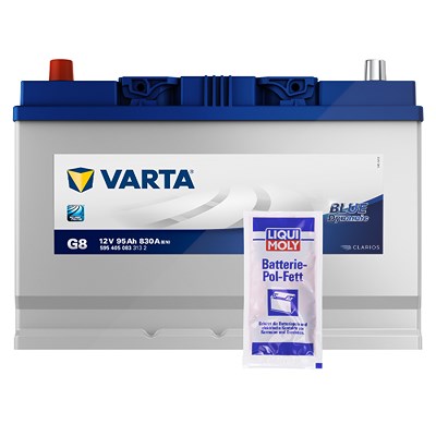 Varta Starterbatterie Blue 95Ah 830 A G8 + Pol-Fett 10g [Hersteller-Nr. 5954050833132] für Asia Motors, Cadillac, Chevrolet, Daihatsu, Dodge, Ford, Fo von Varta