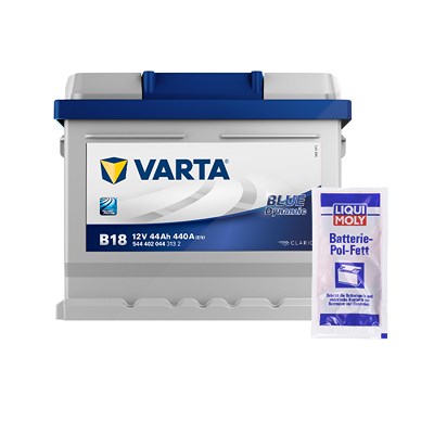 Varta Starterbatterie Blue Dynamic 44Ah 440A B18 + 10g Pol-Fett [Hersteller-Nr. 5444020443132] für Audi, Austin, Citroën, Fiat, Ford, Honda, Hyundai, von Varta