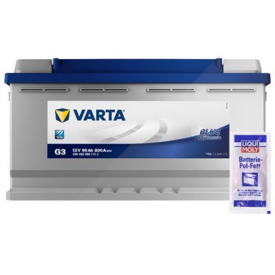 Varta Starterbatterie Blue 95Ah 800 A G3 + Pol-Fett 10g [Hersteller-Nr. 5954020803132] für Alfa Romeo, Alpina, Aston Martin, Audi, Bentley, BMW, Bugat von Varta