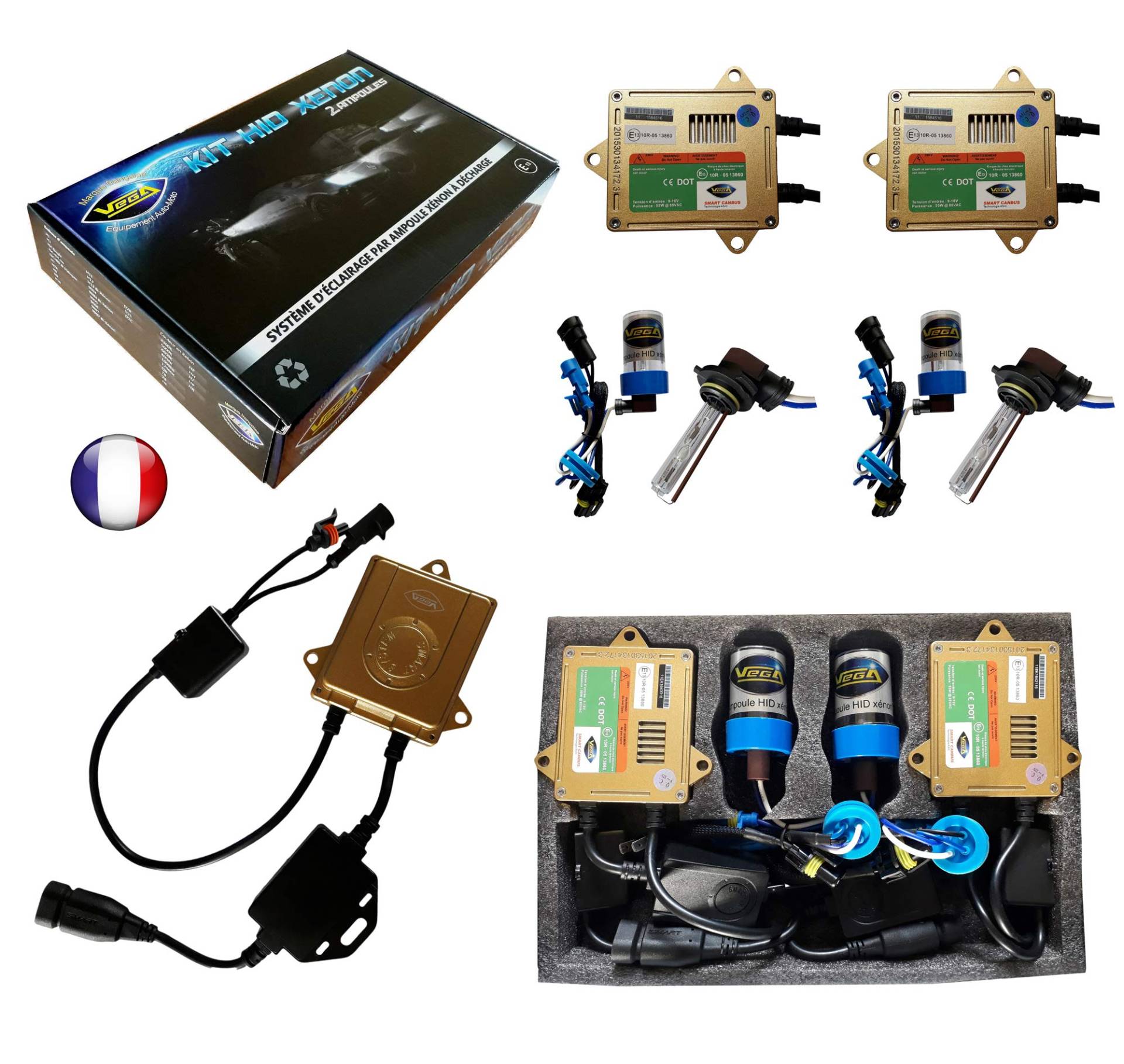 Xenon-HID-Kit, französische Marke Vega® 9005 5000 K, 55 W, Canbus Fehlerfrei, ODB, ASIC Lampen mit abgewinkeltem Sockel von Vega