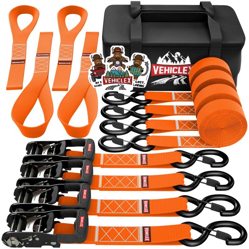 Vehiclex Robuster Ratschengurt – 3,8 cm x 2,4 m – (4 Stück orange) Spanngurte & weiche Schlaufen zum Bewegen und Sichern von Motorrad, UTV – Vinylbeschichteter tiefer S-Haken & zusätzliche Sicherheit von Vehiclex