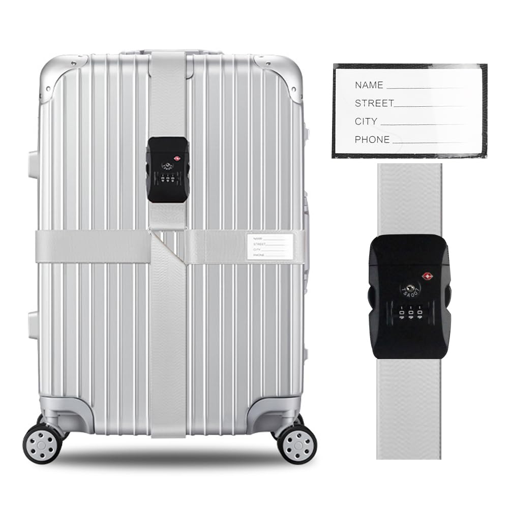 Veki Kreuz Gepäckgurte Kofferband Gurt TSA-Genehmigt mit Schloss Verstellbare Reisekoffergurte Koffergurt mit Namensausweis Packgurte (Silbergrau*1-Stück) von Veki