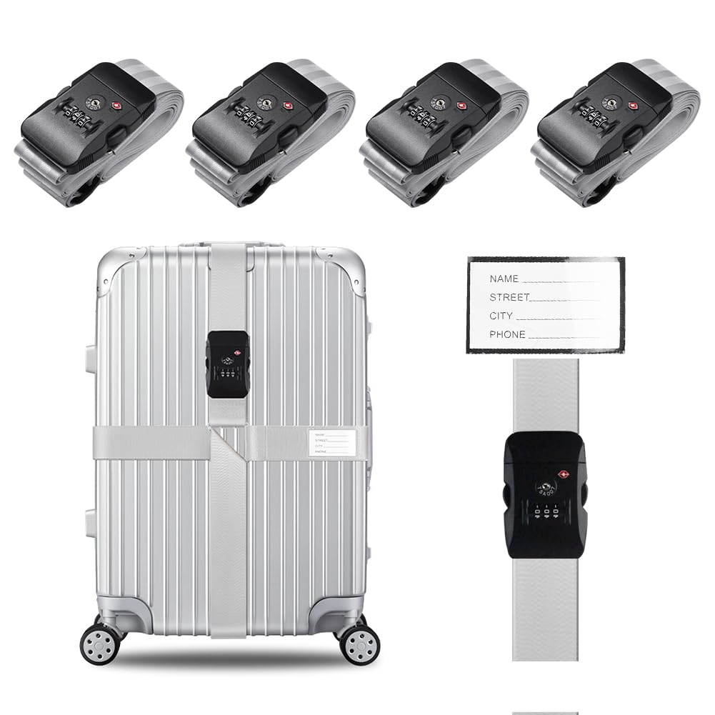 Veki Kreuz Gepäckgurte Kofferband Gurt TSA-Genehmigt mit Schloss Verstellbare Reisekoffergurte Koffergurt mit Namensausweis Packgurte (Silbergrau*4-Stück) von Veki