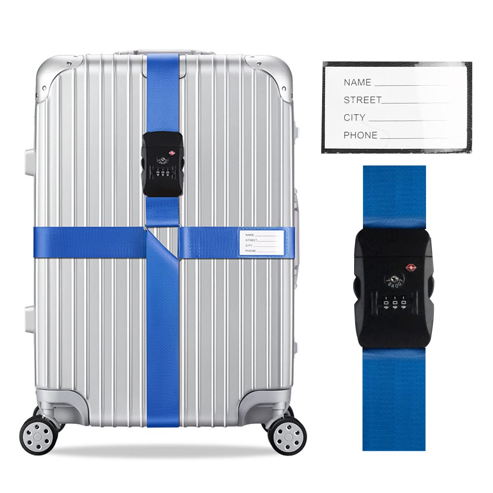Veki Kreuz Gepäckgurte Kofferband Gurt TSA-Genehmigt mit Schloss Verstellbare Reisekoffergurte Koffergurt mit Namensausweis Packgurte für Koffer (Blau*1-Stück) von Veki
