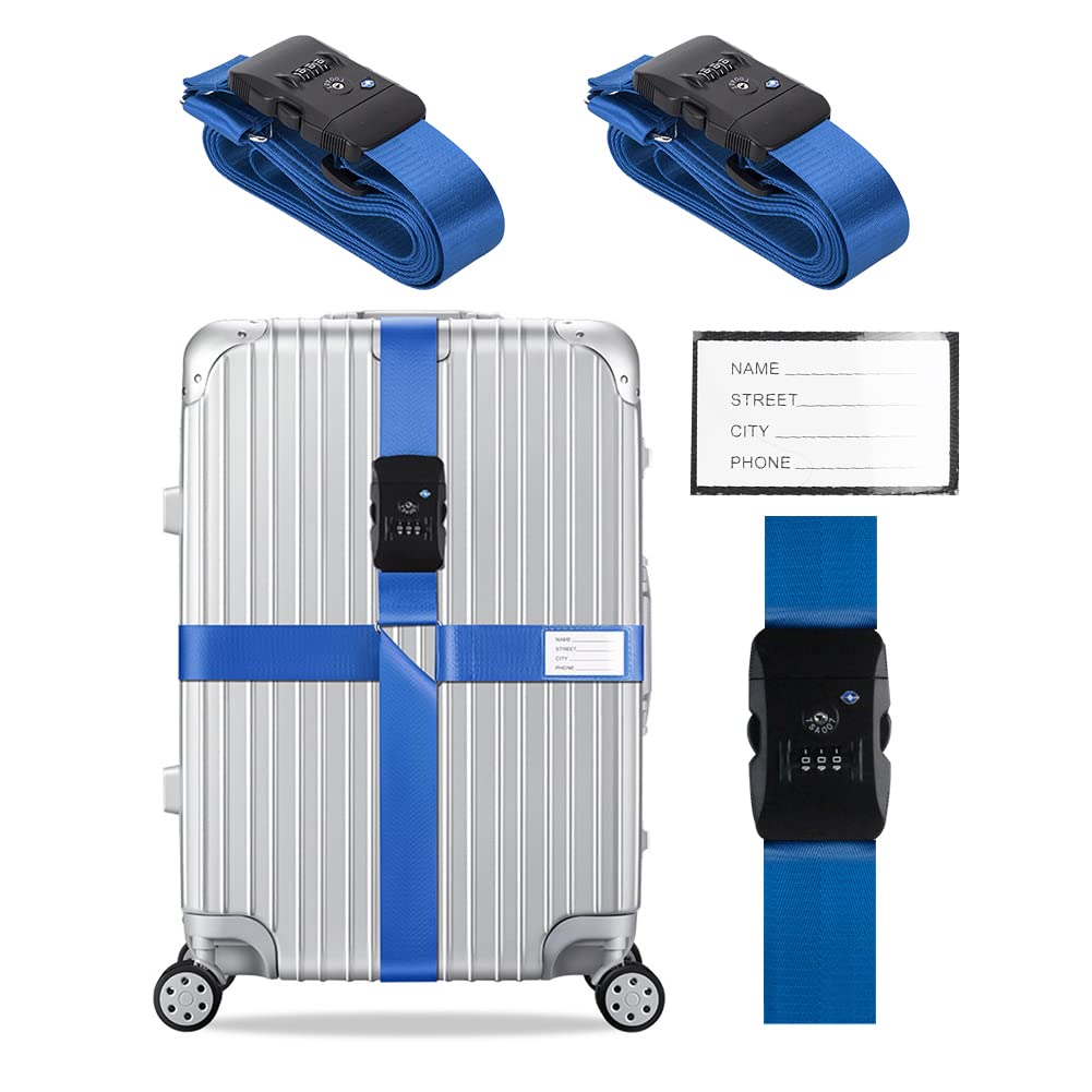 Veki Kreuz Gepäckgurte Kofferband Gurt TSA-Genehmigt mit Schloss Verstellbare Reisekoffergurte Koffergurt mit Namensausweis Packgurte für Koffer (Blau*2-Stück) von Veki